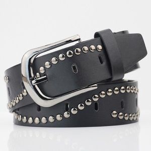 Pin Buckle Wide Silvertone Studded Belt - BLACK